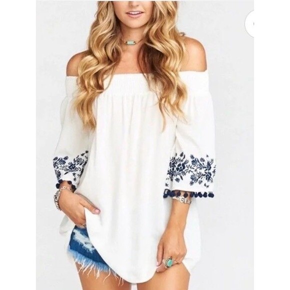 Show Me Your Mumu Presley Tunic Mini Dress Womens L Boho Navy White Embroidered - Picture 1 of 7